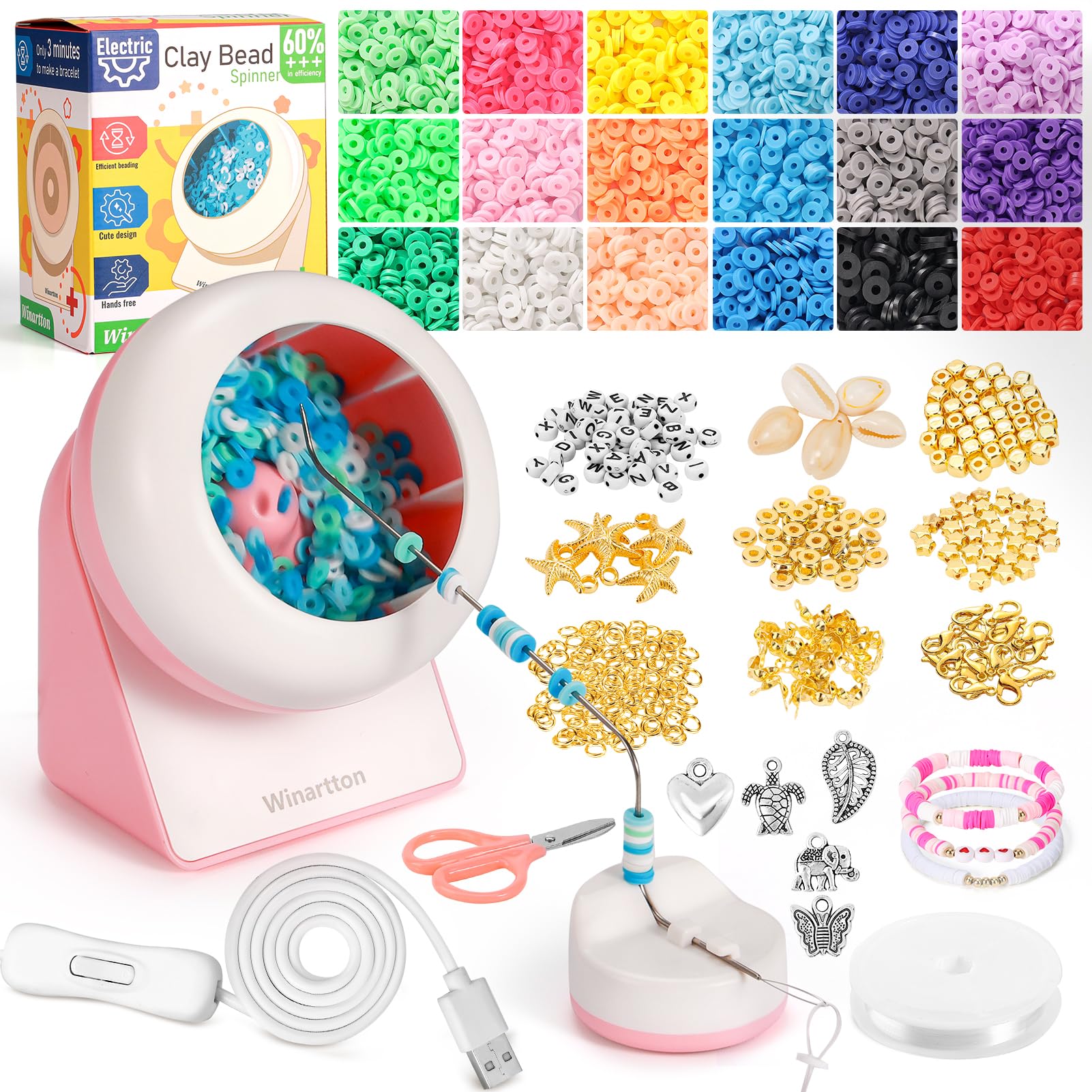 Mua Winartton Clay Bead Spinner Kit with 3600 PCS Clay Beads, Electric Bead  Spinner for Jewelry Making with 220 PCS Beading Pendants and Replacement  Needle for Making Bracelets, Necklace, DIY Gifts trên
