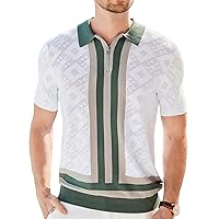 GRACE KARIN Mens Knit Polo Shirts Short Sleeve Vintage Stripe Golf Shirts for Men