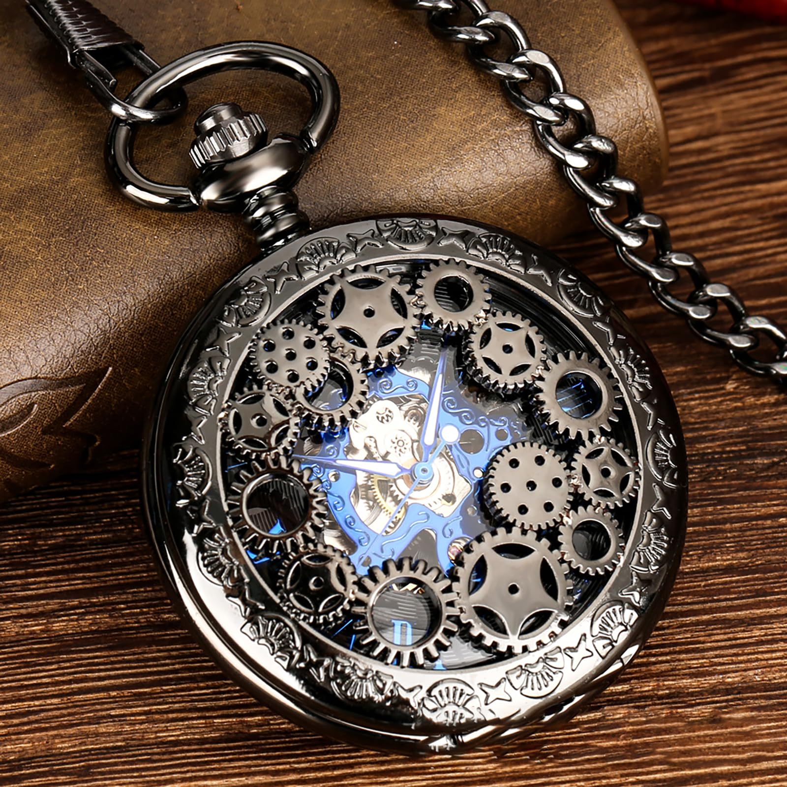DAGIJIRD Pocket Watch Skeleton Mechanical Double Case Roman Numerals Pocket Watch for Men Women