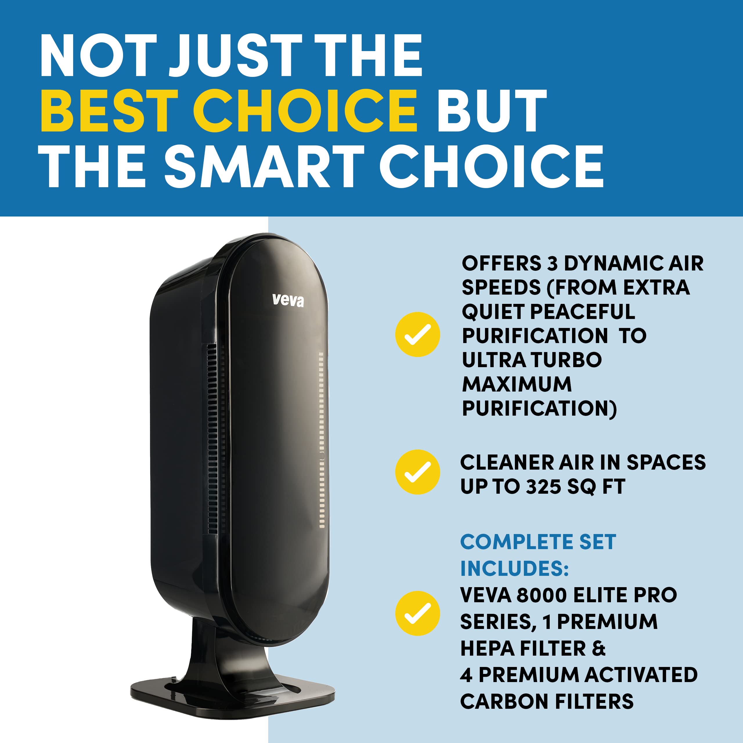 VEVA 8000 Black Air Purifier for Home, Pets Hair, Dander, Large Room, 325 Sq Ft., HEPA Filter & 4 Premium Activated Carbon Pre Filters Removes Allergens, Smoke, Dust, Pet & Odor for Home & Office
