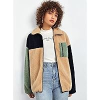 Jackets for Women Cut and Sew Drop Shoulder Fleece Jacket Women's Jackets (Color : Multicolor, Size : X-Small)