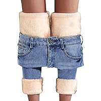 Women's Fleece Lined Jeans Thermal Flannel Lined Jeans Winter Warm Thicken Skinny Stretch Denim Pants