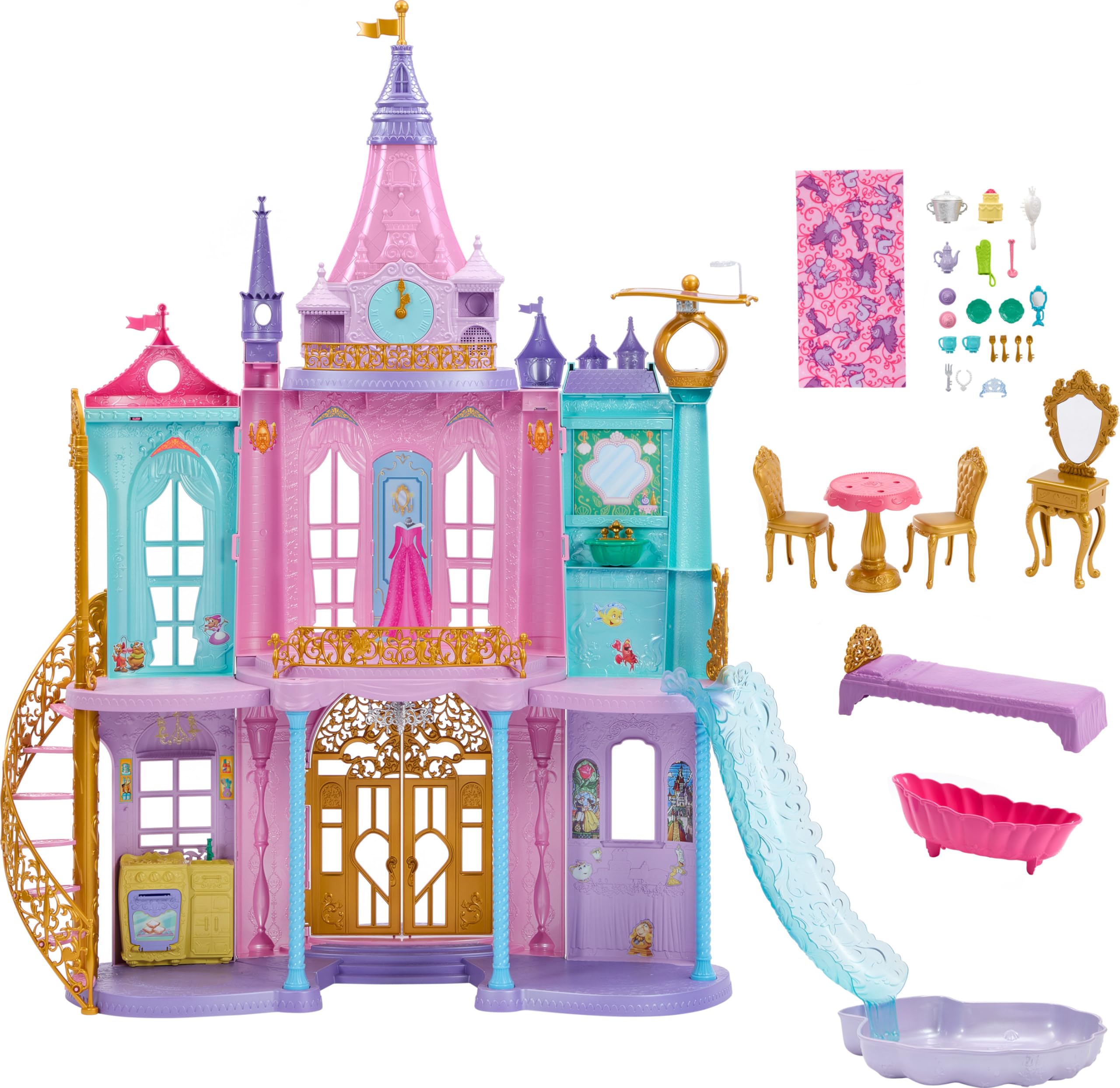 Disney Princess by Mattel, Ultimate Castle 4 Ft Tall with Lights & Sounds, 3 Levels, 10 Play Areas and 25+ Furniture & Pieces, Inspired by Disney Movies