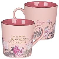 Christian Art Gifts Ceramic Scripture Coffee & Tea Mug 14 oz Novelty Inspirational Bible Verse Mug for Women: More Precious than Rubies - Proverbs 31:10 Lead-free Pink Floral w/Golden Accents