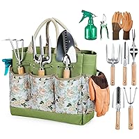 Gardening Tools 9-Piece Heavy Duty Gardening Hand Tools with Fashion and Durable Garden Tools Organizer Handbag,Rust-Proof Garden Tool Set, Ideal Gardening Gifts for Women