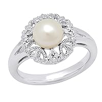 Dazzlingrock Collection 7 MM Round White Freshwater Pearl Ladies Engagement Ring with Round White Diamond Accent, Sterling Silver
