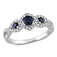 0.7 Carat Diamond And Three Blue Sapphire Round Bridal Engagement Rings Women 10KT White Gold Anniversary And Wedding Prong Setting (Blue Gem CTW 0.50, Clarity I1-I2, Color HI)