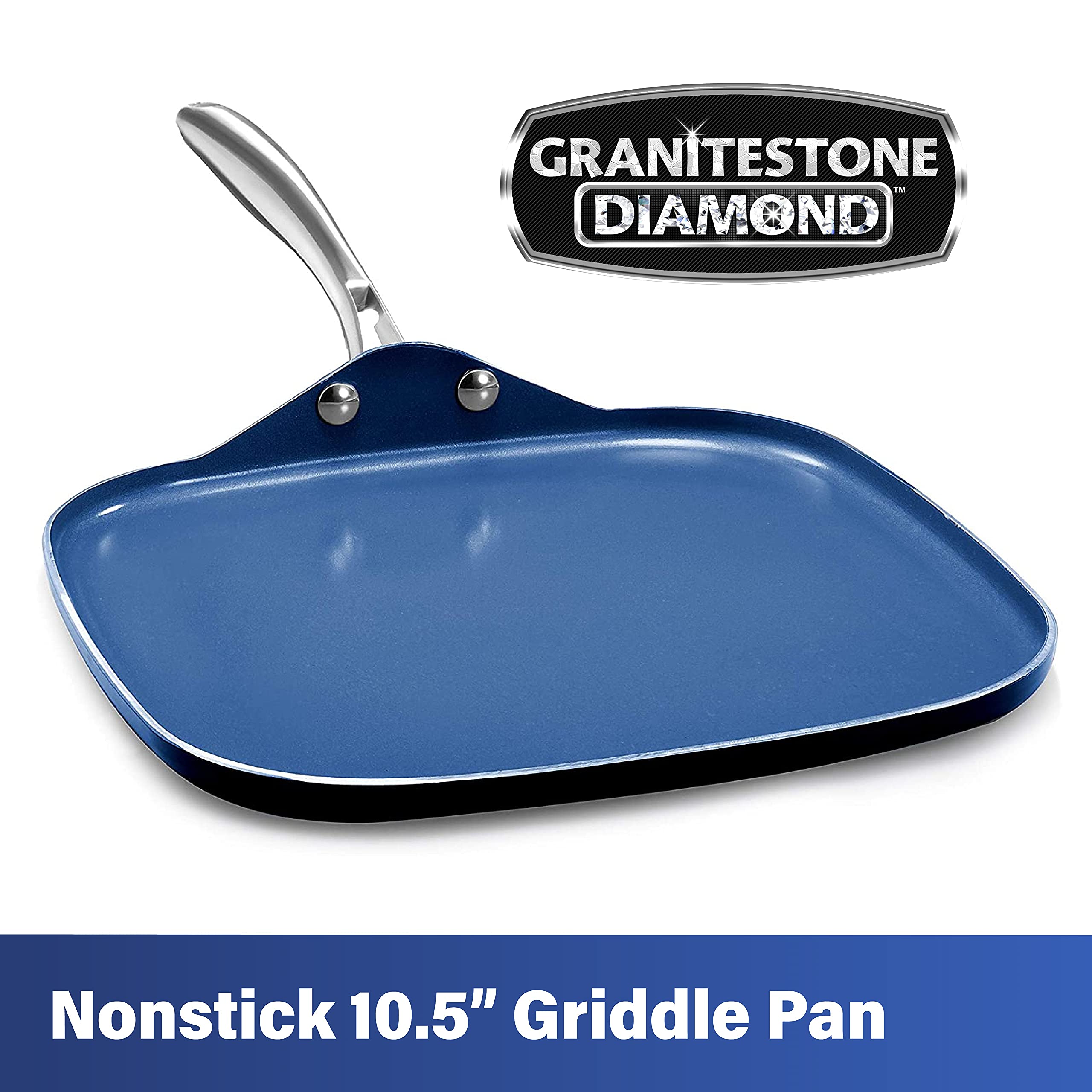 Granitestone Blue Nonstick 10.5” Griddle Pan/Flat Grill with Ultra Durable Mineral and Diamond Triple Coated Surface, Stay Cool Stainless-Steel Handle, Oven & Dishwasher Safe, 100% PFOA Free…