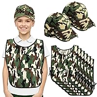 12 Pcs of Army Soldier Costume for Kids Include 6 Pcs Camouflage Military Caps and 6 Pcs Camouflage Vests for Kids Birthday Party, Cosplay Party Costumes Dress Role Play Set for Kids Aged 6-12