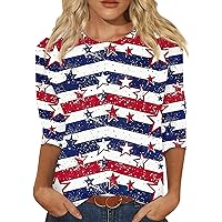 3/4 Sleeve Tops for Women 4Th of July USA Flag Graphic Shirts 2024 Independence Day Round Neck Patriotic Blouse