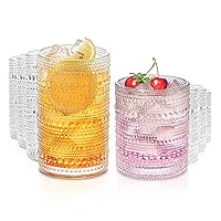 Elegant Set of 8 Vintage Hobnail Drinking Glasses: Embossed Design Glass Cups - 4 Highball Glasses & 4 Rocks Glasses. Perfect for Highballs, Mojitos, Cocktails, Beer, and Whiskey (8Pcs 14Oz&12Oz)