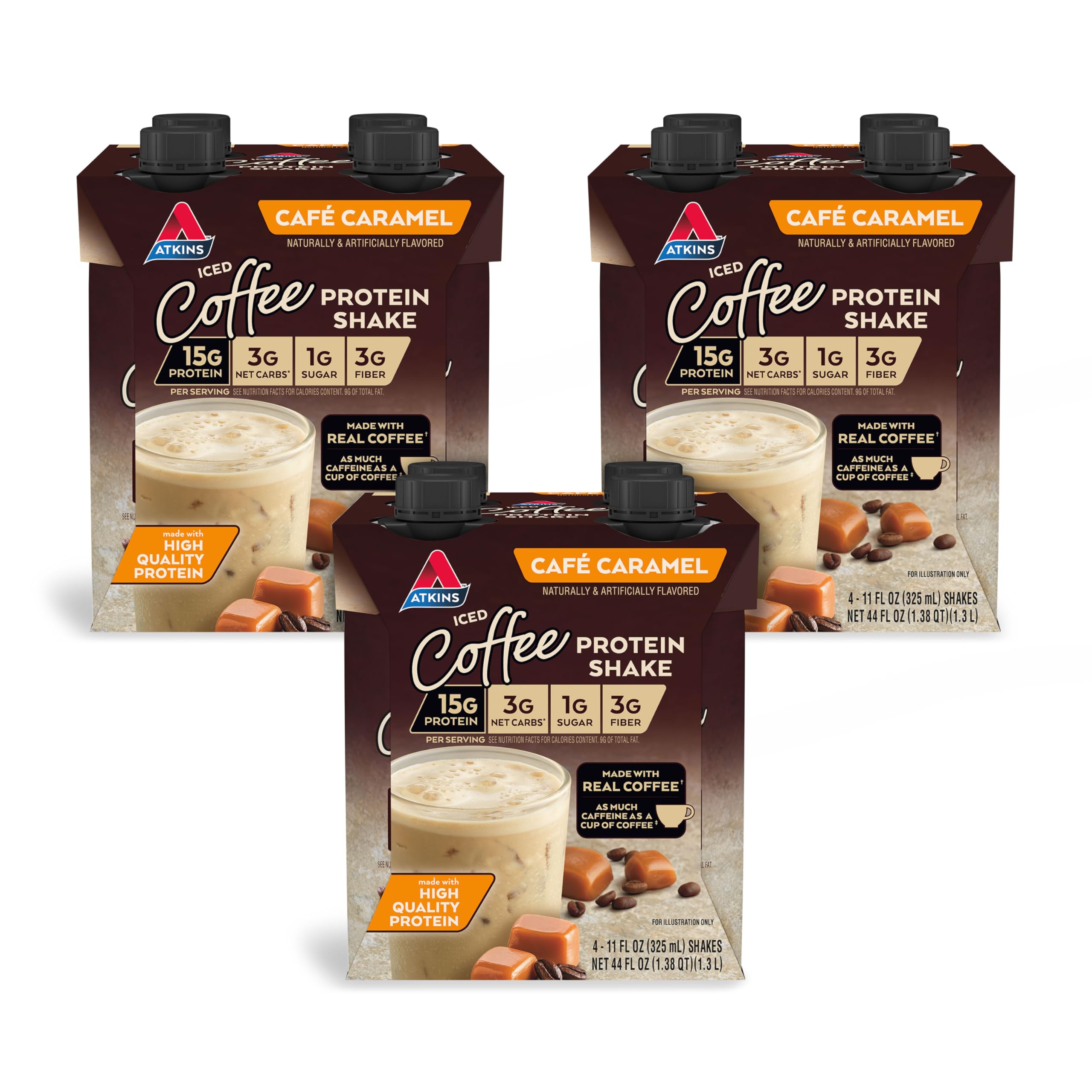 Atkins™ Café Caramel Iced Coffee Protein Shake & Mocha Latte Iced Coffee Protein Shake, 15g Protein, Low Glycemic, 4g Net Carb, 1g Sugar, Keto Friendly.