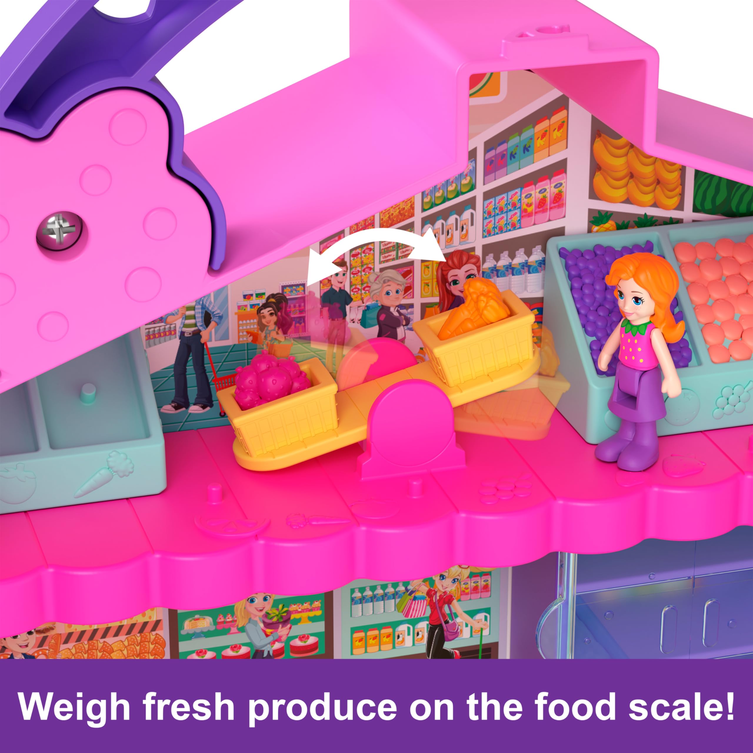 Polly Pocket Dolls & Playset, Food Toy with 2 Micro Dolls, 12 Accessories with Toy Car and Pet, Pollyville Fresh Market