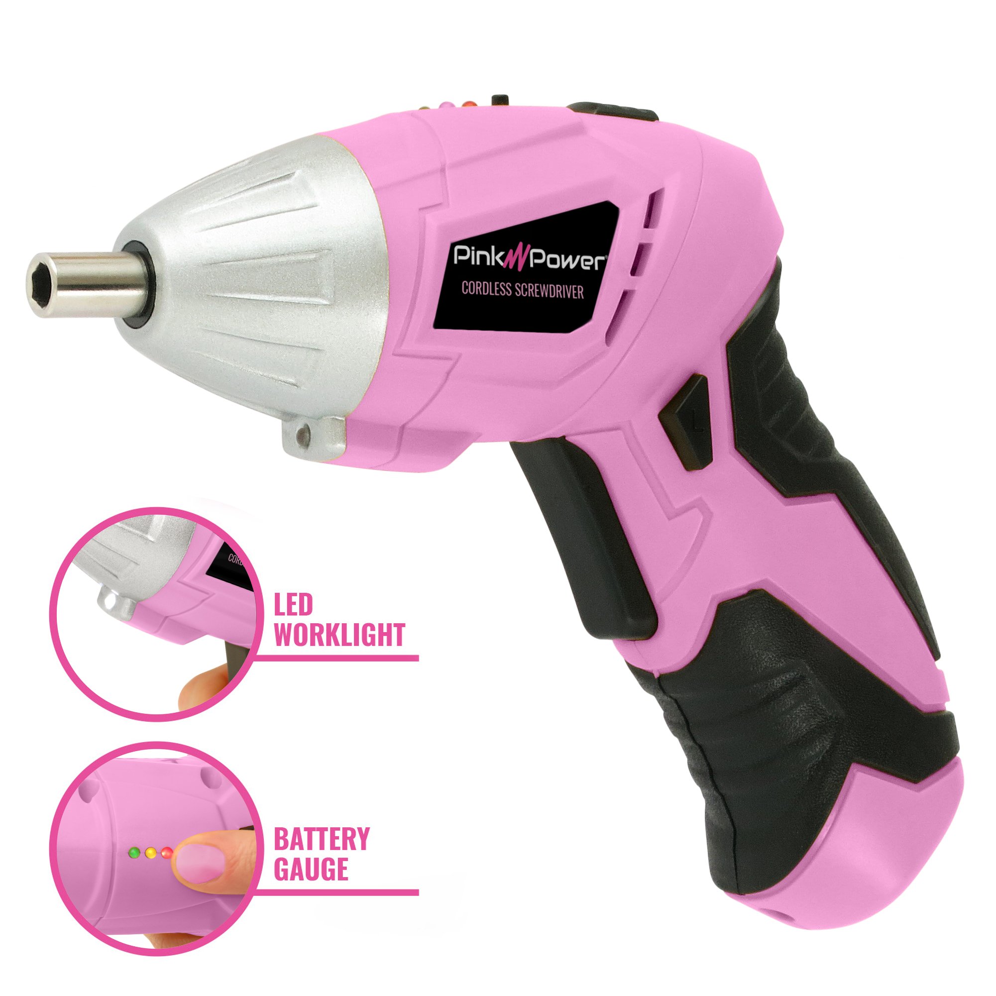 Pink Power PP481 3.6 Volt Cordless Electric Screwdriver Rechargeable Screw Gun & Bit Set for Women - LED light, Battery Indicator and Pivoting Head (Renewed)