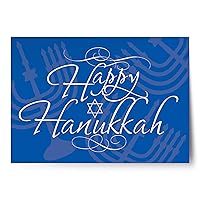 Designer Greetings Hanukah Cards with emboss treatments and silver foil lined white envelopes in a sturdy blue box with clear acetate lid. 18 cards and envelopes per box.