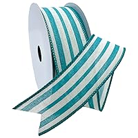 Morex Ribbon Wired Linen Spring Cabana Stripes Ribbon, 1.5 inches by 10 Yards, Teal, 7579.40/10-342