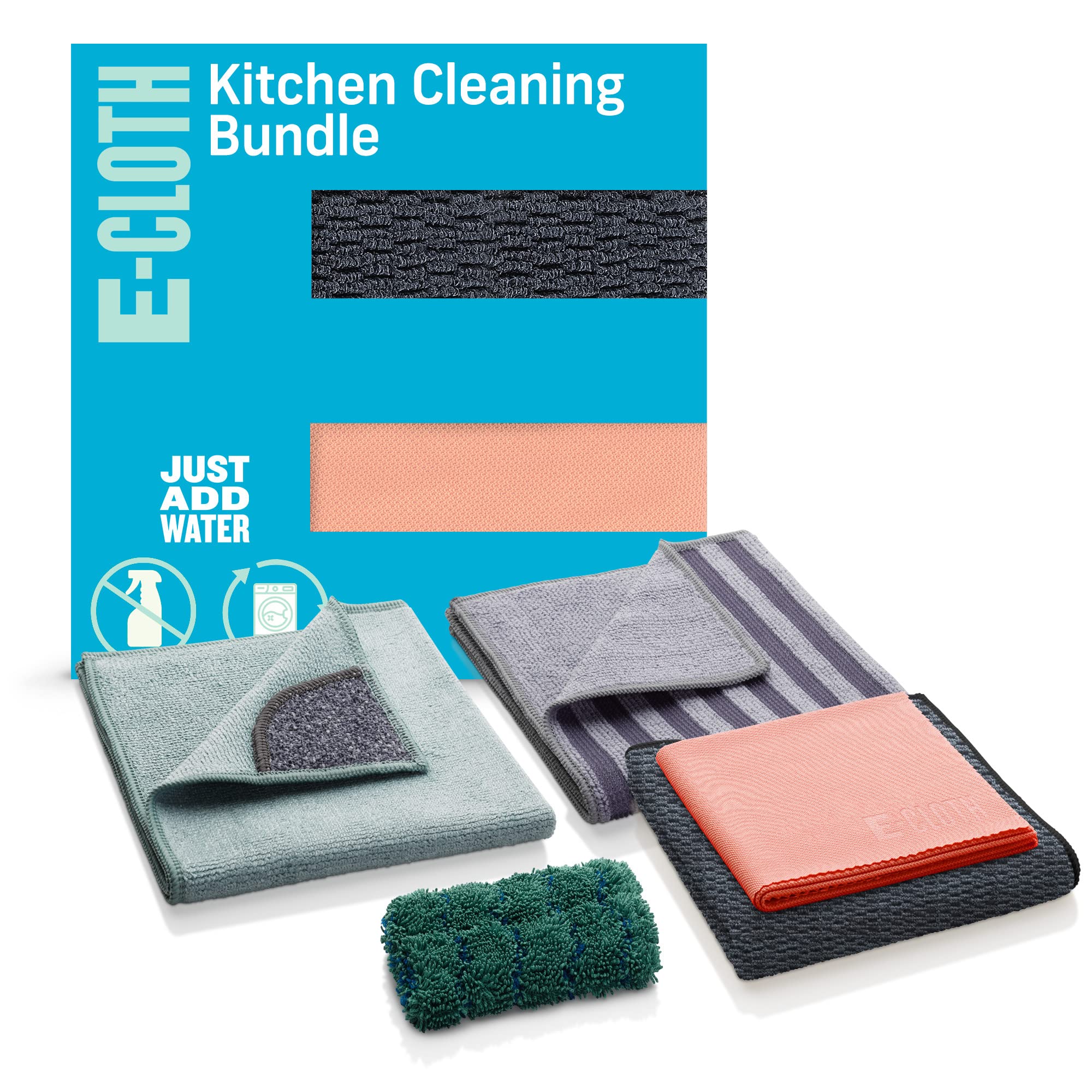 E-Cloth 5-pc Kitchen Bundle, Microfiber Cleaning Cloths Set with Dish Scrubber, Ideal Spotless Cleaner for Granite, Marble, Kitchen, Sink, Dish and Stainless Steel Pot and Pans, 100 Wash Promise