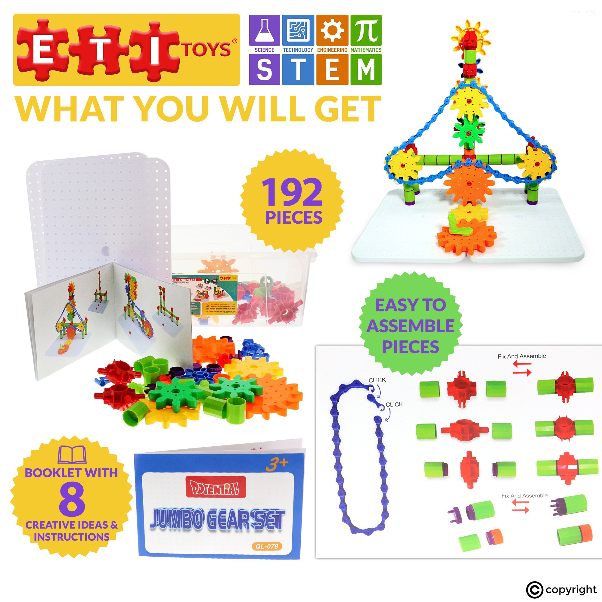 ETI Toys | STEM Learning | 192 Piece Jumbo Gears Set with Resizeable Interlocking Chain, Connector Pieces and 2 Pegboards; Build Endless Designs! Best Gift, Toy for 3, 4, 5 Year Old Boys and Girls.
