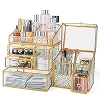 4PCS Gold Glass Makeup Organizers with Drawers and Glass Brush Holder - Stylish Glass Cosmetic Organizer for Vanity, Brass Accents, Glass Make Up Organizers and Storage