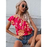 Floral Print One Shoulder Ruffle Trim Blouse (Color : Red, Size : X-Large)