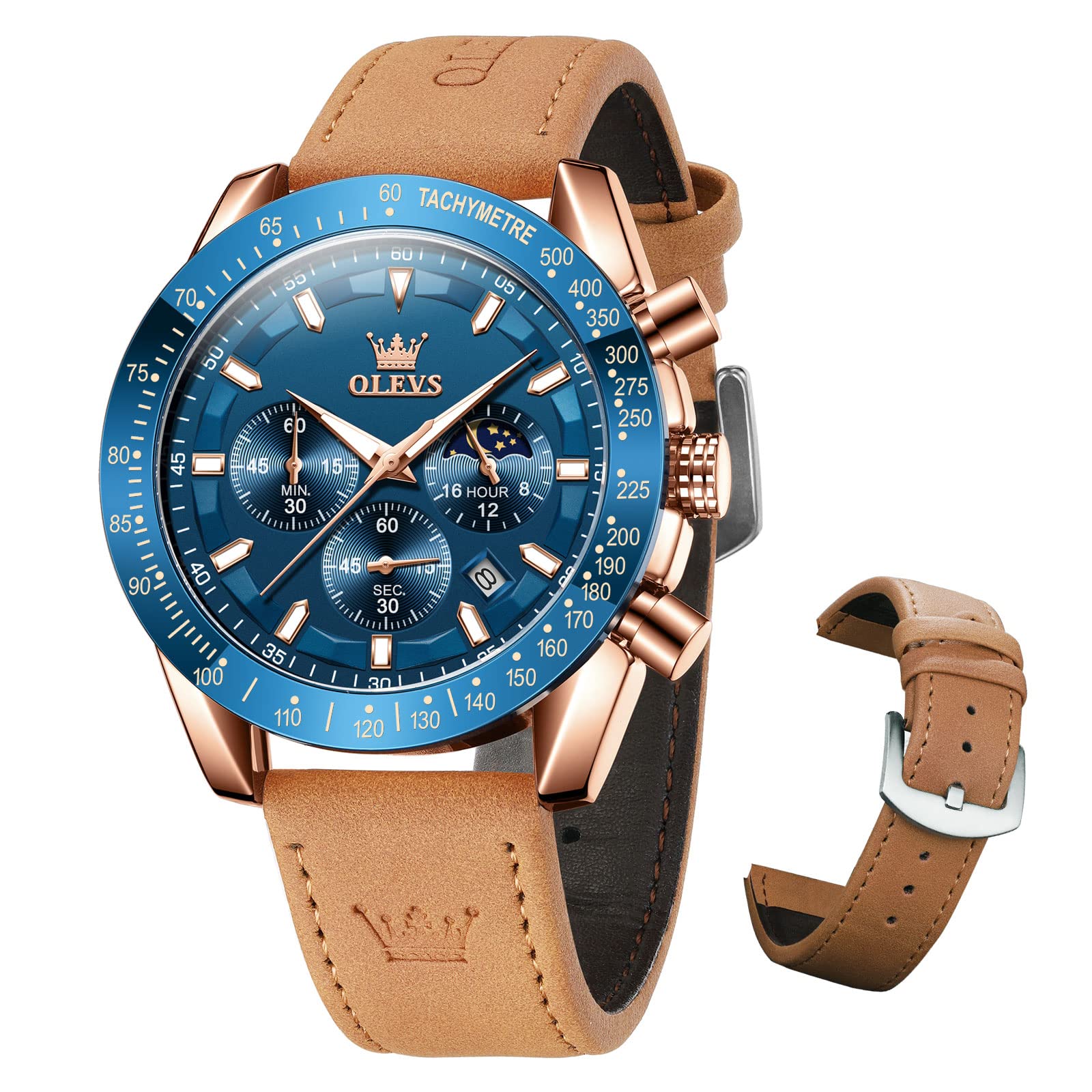 OLEVS Leather Strap Mens Watches, Quartz Movement Chronograph, Fashion Business Sport Design Watch, 30M Waterproof Mens Wristwatches Gifts for Men [Blue/Black/Brown