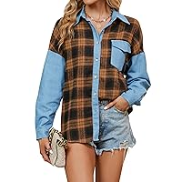 Blooming Jelly Womens Denim Shacket Button Down Plaid Flannel Shirt Long Sleeve Color Block Fall Blouses