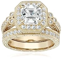 Platinum or Gold Plated Sterling Silver Antique Ring set with Asscher-Cut Infinite Elements Cubic Zirconia (previously Amazon Collection)