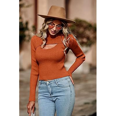 PRETTYGARDEN Women's 2024 Fashion Fall Clothes 2 Piece Cutout Tops Long  Sleeve Mock Neck Rib Knit Winter Pullover Sweater (Apricot,Small) at   Women's Clothing store