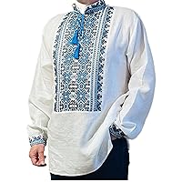 Ukrainian Vyshyvanka for Men Shirt White Blue Gray Linen Embroidered Cross-Stitch