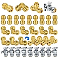 SUNGATOR Push Plumbing Fitting Kit 1/2 Inch, 10 Each Straight Coupling, Elbow, Angle Shut Off Valve, Tee (5 PCS), No Lead Brass Push to Connect Pex, Copper, CPVC, with A Disconnect Clip, Pack of 35