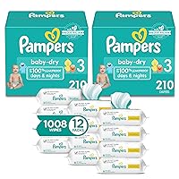 Pampers Baby Dry Disposable Baby Diapers Size 3, 2 Month Supply (2 x 210 Count) with Sensitive Water Based Baby Wipes 12X Multi Pack Pop-Top and Refill (1008 Count)