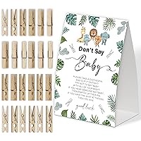 Jungle Animals Don't Say Baby Game for Baby Shower, Pack of One 5x7 Sign and 50 Mini Natural Clothespins, Baby Shower Decoration, Gender Neutral Party Supplies - SC03