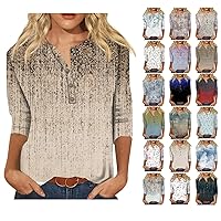 Summer Tops for Women 2024,3/4 Length Sleeve Womens Tops Vintage Print Button Round Neck Top Graphic Tees for Women