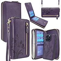 Lacass Case Wallet Compatible with iPhone 15 Pro 6.1 inch 2023, Crossbody Dual Zipper Detachable Leather Wallet Phone case Cover (Floral Dark Purple)