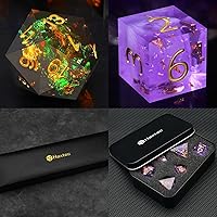 Haxtec Sharp Edge Dice Resin DND Dice Set Bundle, Galaxy Yellow Black Dice and Puiple Nebula Dice for TTRPGs Dungeons and Dragons Gifts