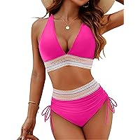 Blooming Jelly Women High Waisted Bikini Sets Tummy Control Swimsuits Color Block Two Piece Drawstring Bathing Suit