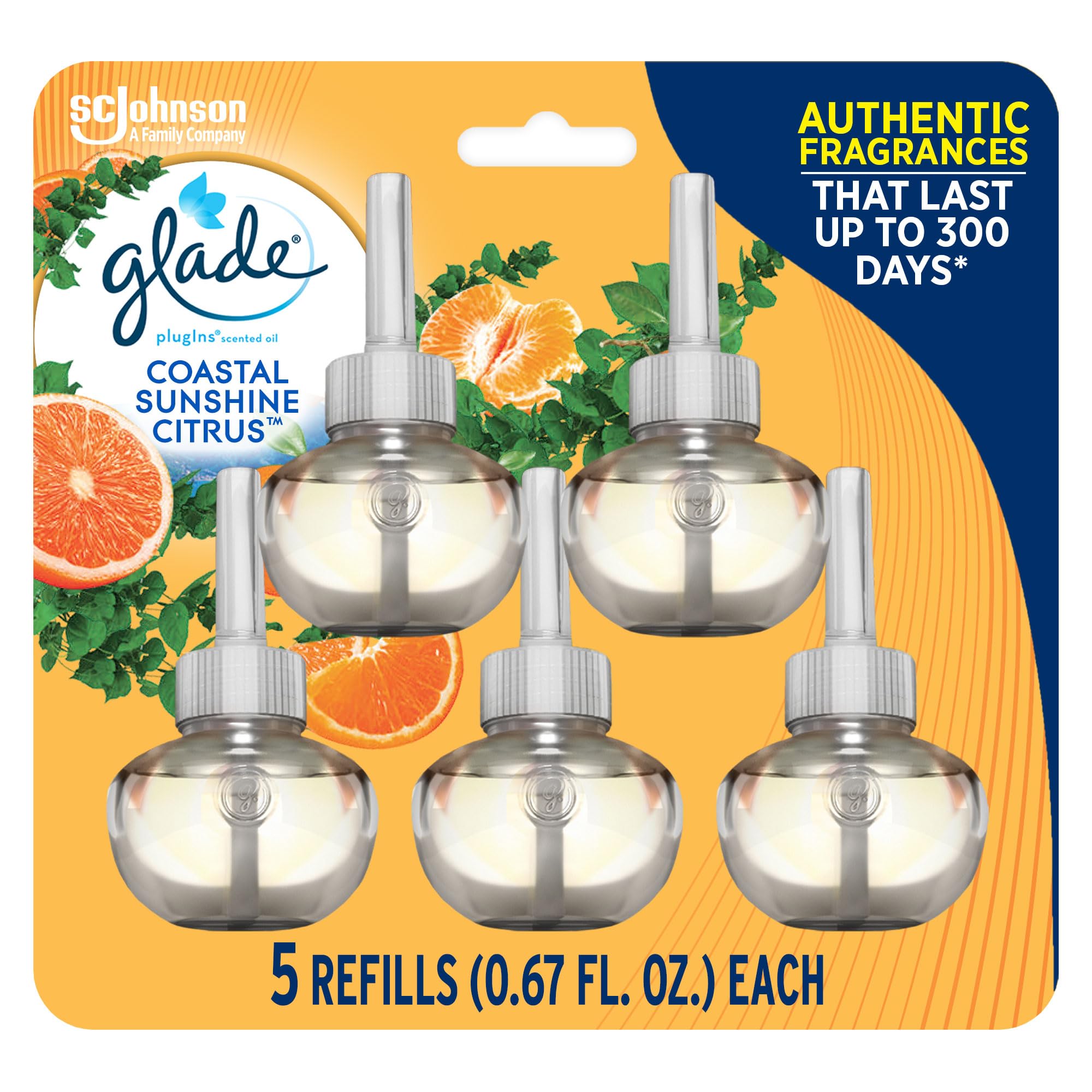 Glade PlugIns Refills Air Freshener, Scented and Essential Oils, Coastal Sunshine Citrus, 3.35 Fl Oz x 5 Glade® PlugIns® Scented Oil Air Freshener Refill, Coastal Sunshine Citrus™, 0.67 oz, 5 ct