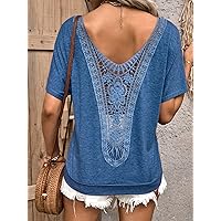 Women's T-Shirt Guipure Lace Plicated Detail Batwing Sleeve Tee T-Shirt for Women (Color : Blue, Size : Small)