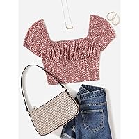 Scoop Neck Ditsy Floral Tee (Color : Dusty Pink, Size : Medium)