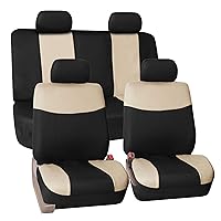 FH Group Flat Cloth Seat Covers Front Seat and Solid Rear Bench Full Set with Gift - Universal Fit for Cars, Trucks & SUVs (Beige/Black)