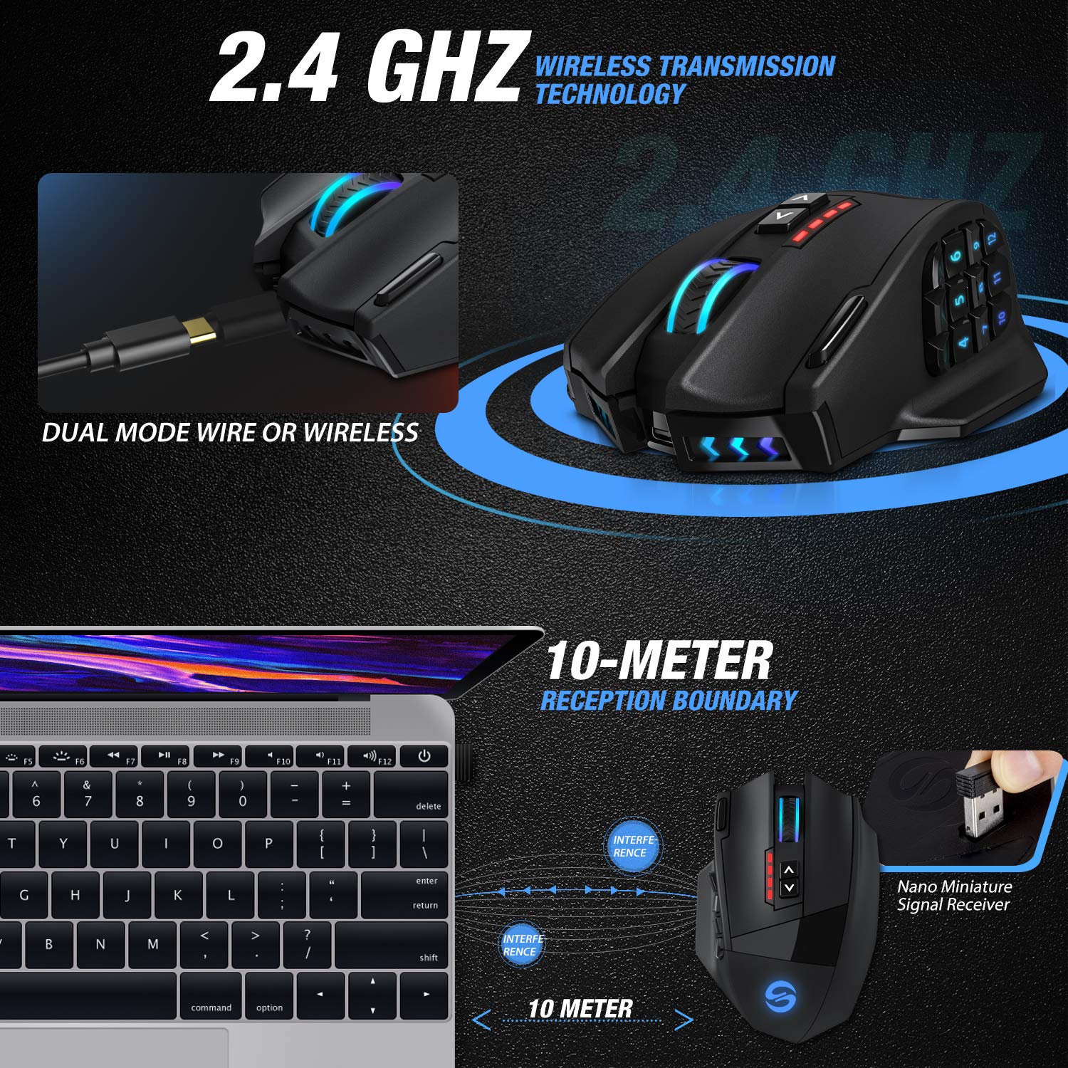 UtechSmart Venus Pro RGB Wireless MMO Gaming Mouse, 16,000 DPI Optical Sensor, 2.4 GHz Transmission Technology, Ergonomic Design, 16M Chroma RGB Lighting, 16 programmable Buttons, Up to 70 Hours