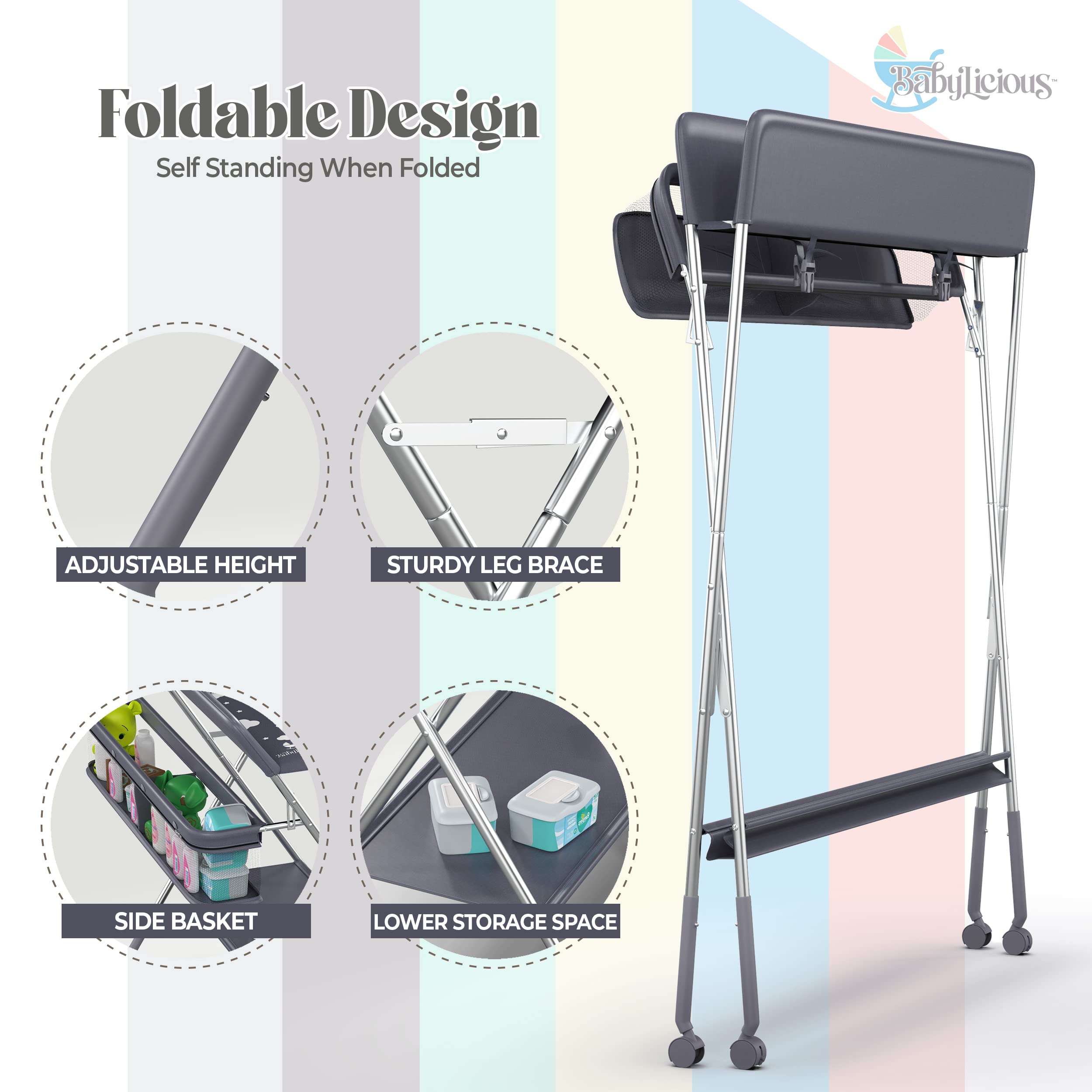 Babylicious Baby Portable Changing Table - Foldable Changing Table with Wheels - Portable Diaper Changing Station - Adjustable Height Baby Changing Table-Safety Belt and Large Storage Rack for Infants