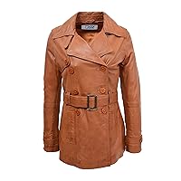 DR201 Women's Leather Buttoned Coat With Belt Smart Style Tan