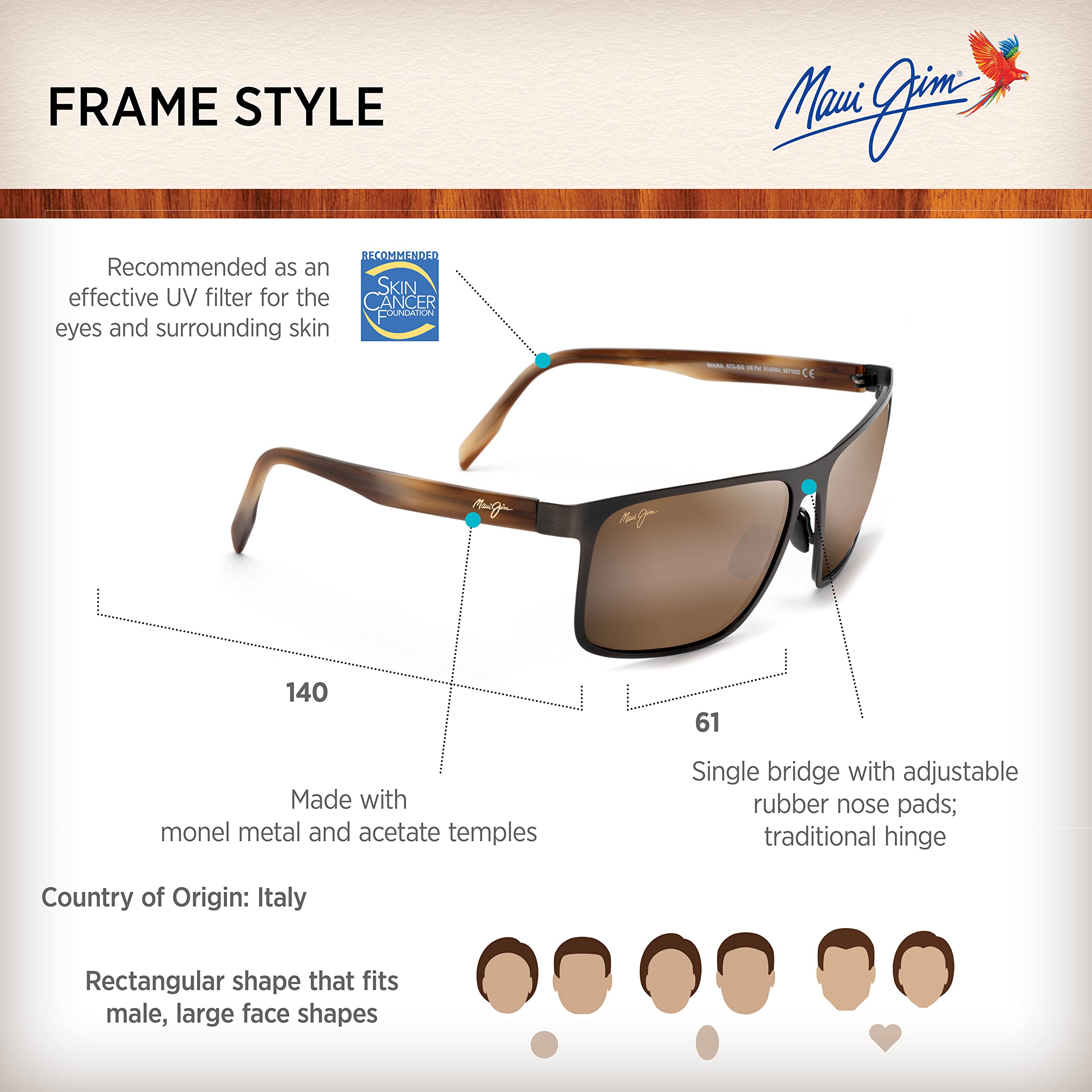 Maui Jim Men's Wana Polarized Rectangular Sunglasses