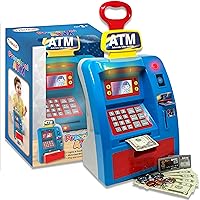 Preschool Pretend ATM Machine & Piggy Bank for Kids Ages 3 & Up | Large Electronic ATM Bank with Lights, Sounds & Features | with Fake Money, Toy Debit Card, Cash Drawer & More