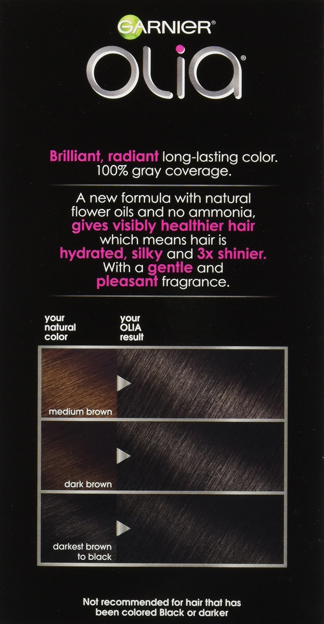 Garnier Olia Ammonia Free Permanent Hair Color, 100% Gray Coverage (Packaging May Vary), 3.0 Darkest Brown Hair Dye, Pack of 1