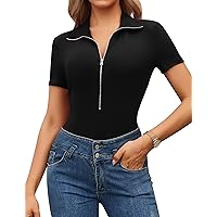 Blooming Jelly Womens Black Bodysuit Shirts Deep V Neck Zip Up Short Sleeve Summer Jumpsuit Ribbed Tight Tops 2024 Outfits