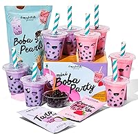 Thoughtfully Gourmet, Mini Boba Party Set, Makes 8 Tasting Portions of Bubble Tea, Includes 2 Flavors, Boba Pearls, Cups, Lids, Straws, & Cup Stickers