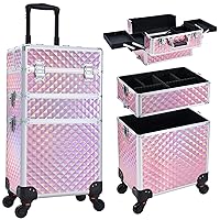 FRENESSA 3 in 1 Rolling Makeup Train Case Portable Cosmetic Trolley Large Storage for Professional with 360° Swivel Wheels Salon Barber Case Traveling Cart Trunk - Glitter Pink