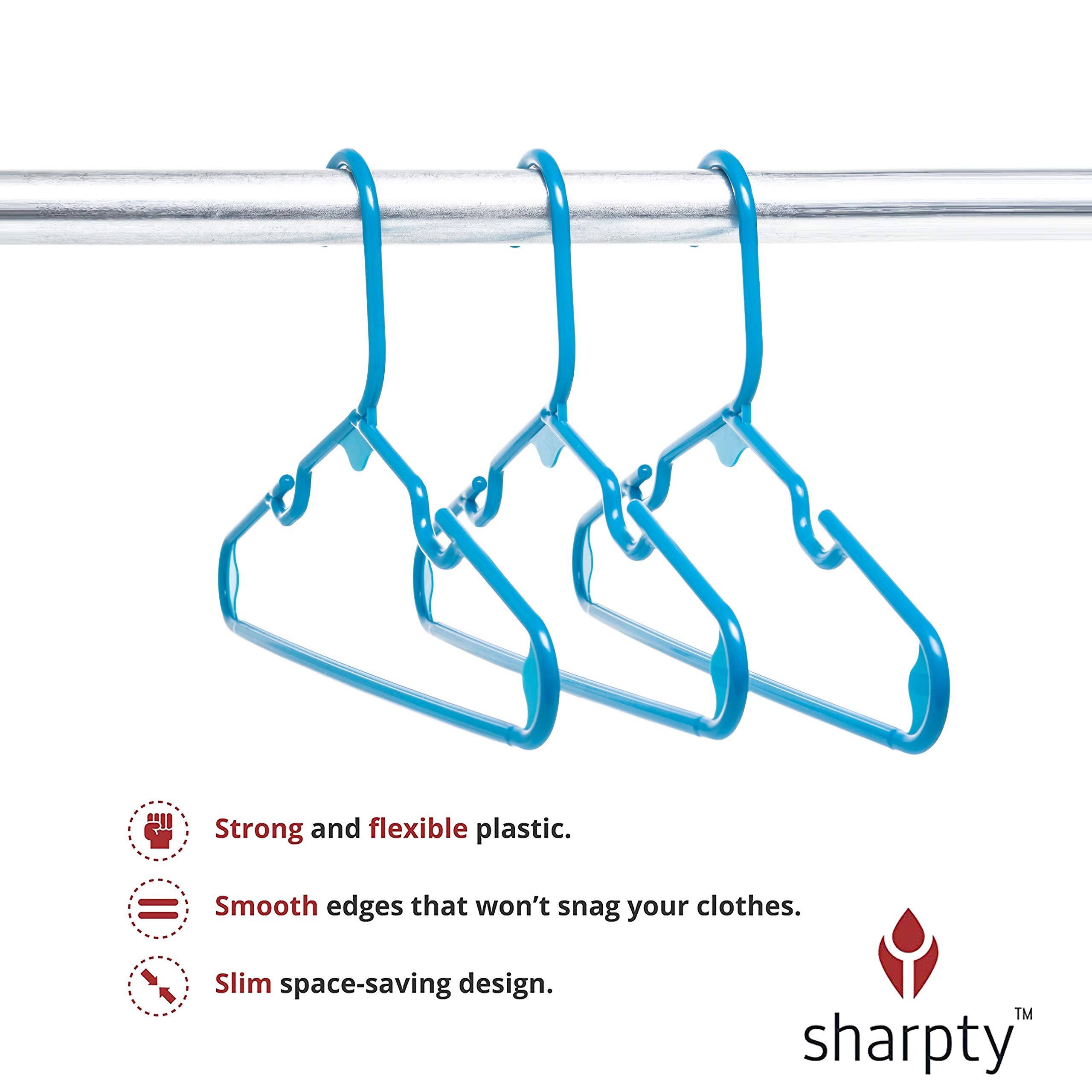 Sharpty Kids Plastic Hangers, Children's Hangers for Baby, Toddler, and Child Clothes - Everyday Standard Use - Ideal for Boys and Girls Closet, Clothing, Pants, Coats, and More - Blue, 60 Pack